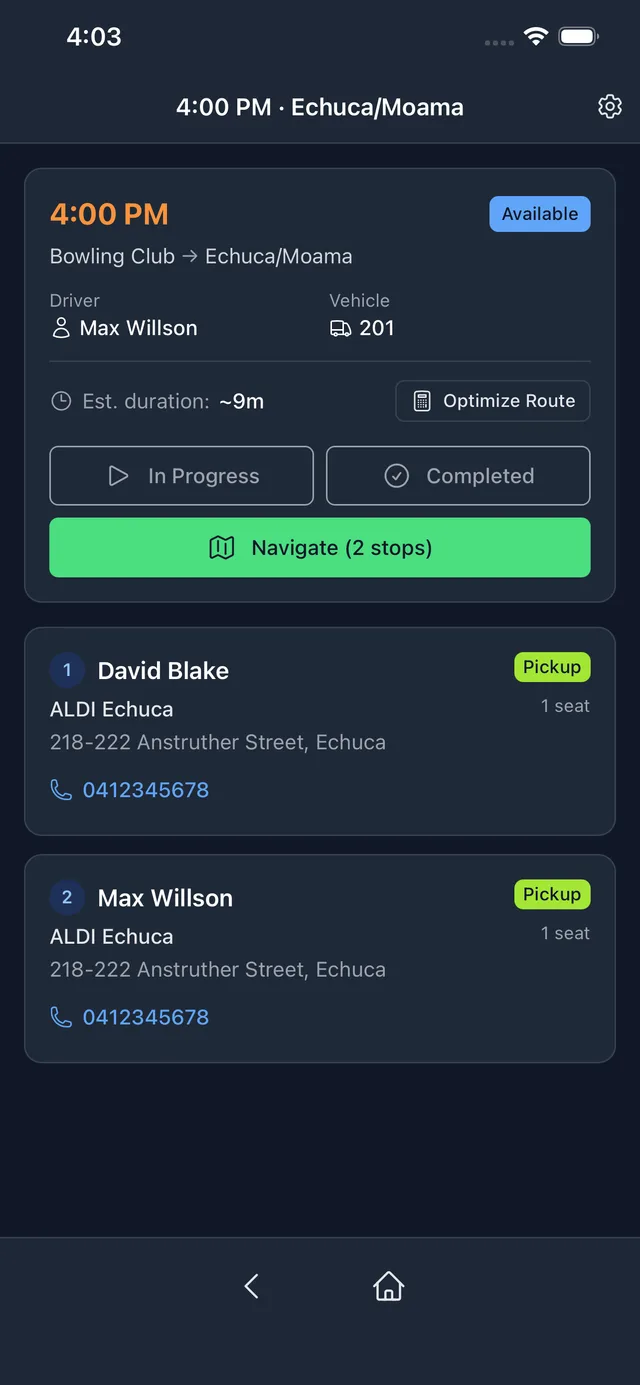 Courtesy Bus Driver app showing a run with its bookings and navigation