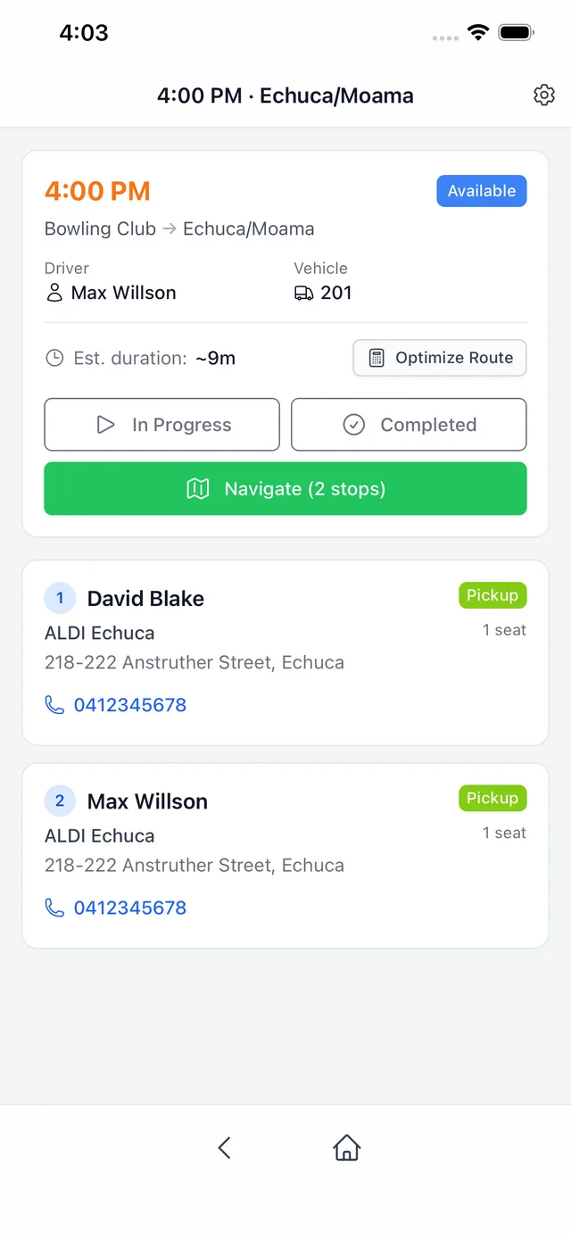 Courtesy Bus Driver app showing a run with its bookings and navigation