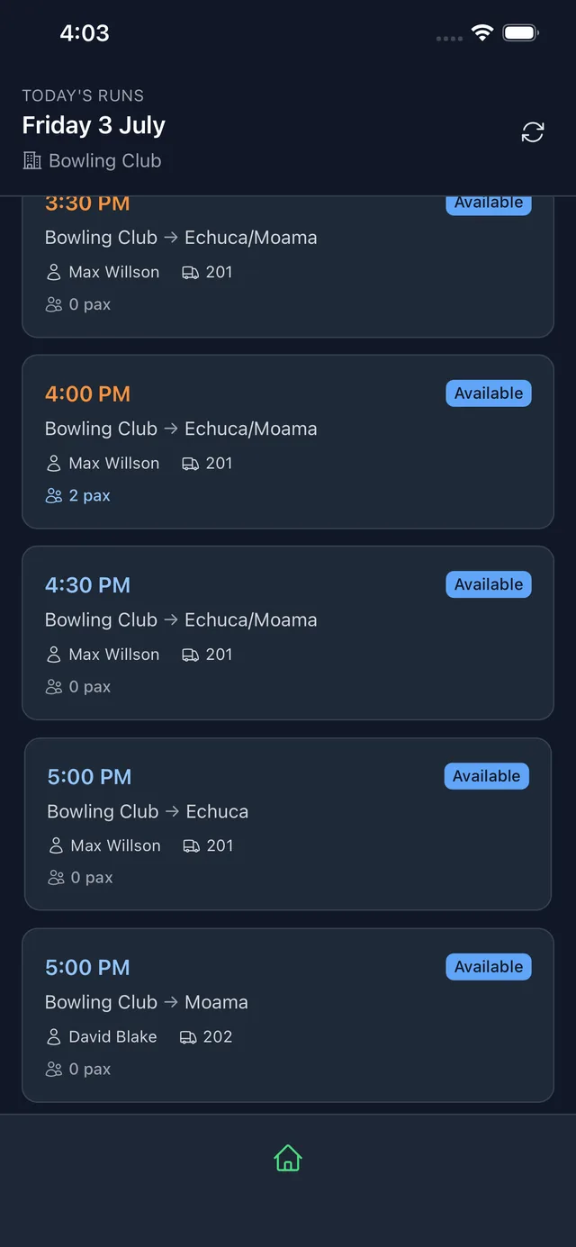 Courtesy Bus Driver app showing today's runs