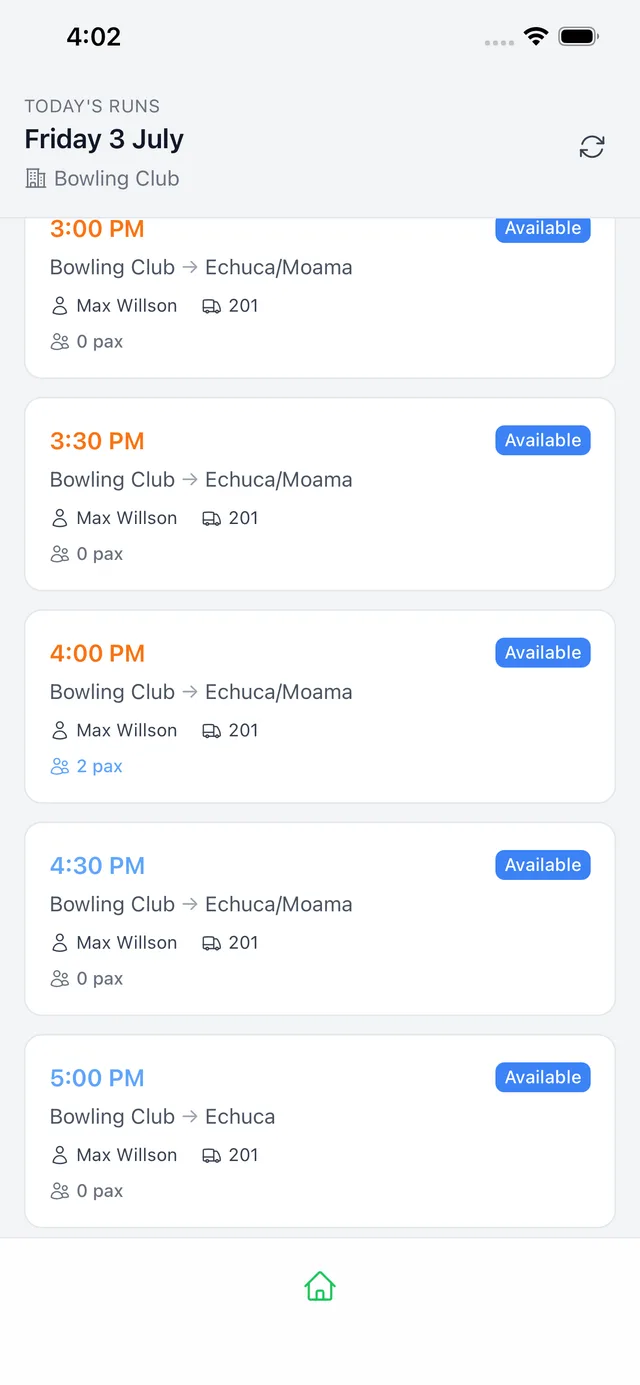 Courtesy Bus Driver app showing today's runs
